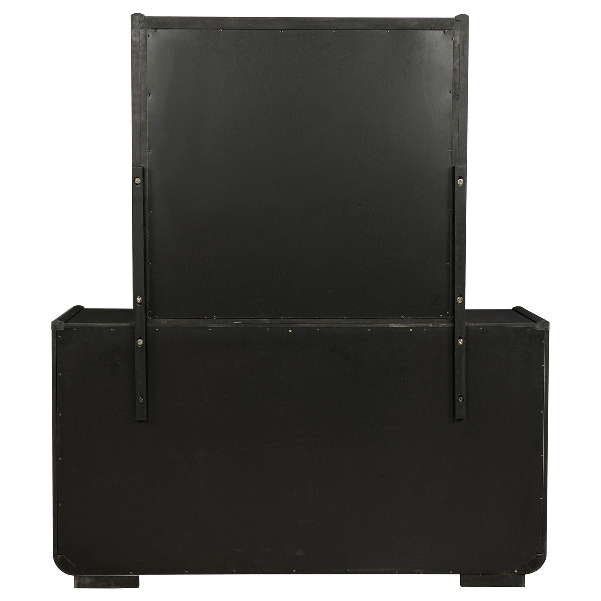 Black 8-drawer bedroom dresser with attached mirror panel, back view