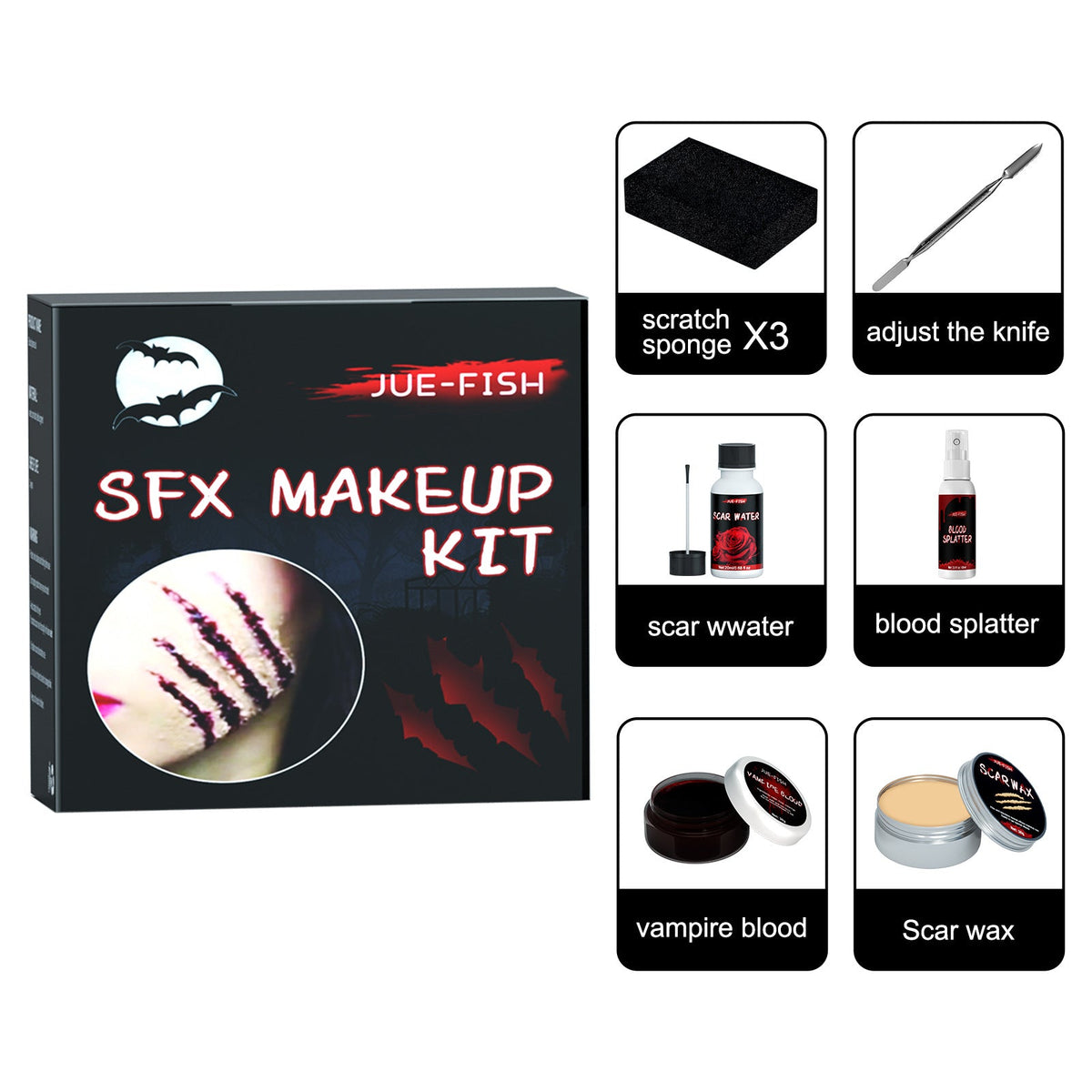 Halloween SFX makeup kit with jars, scar wax, vampire blood, and sponge