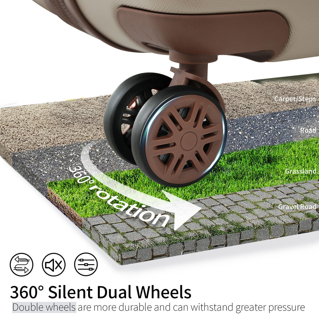 360° silent dual wheels on a hard-shell suitcase for smooth rolling