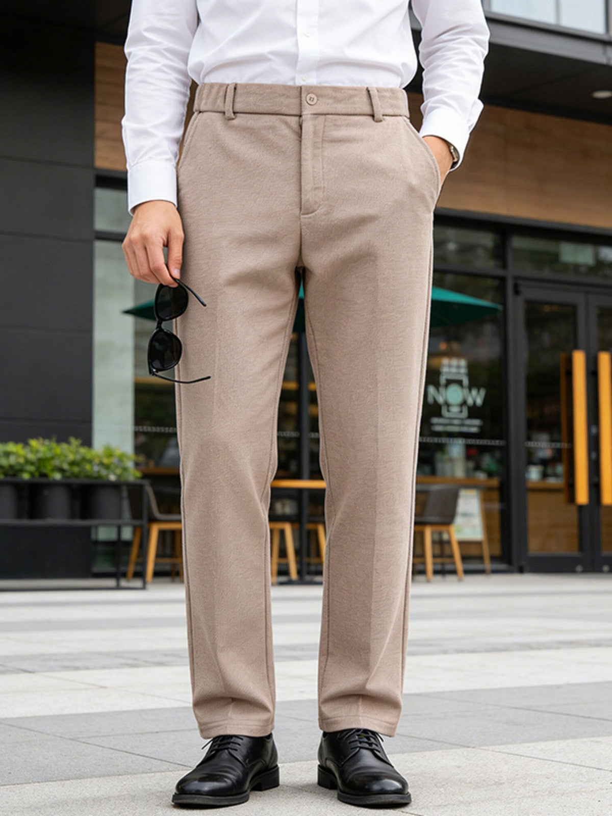 Men's classic-fit dress pants, khaki beige, flat front with button closure