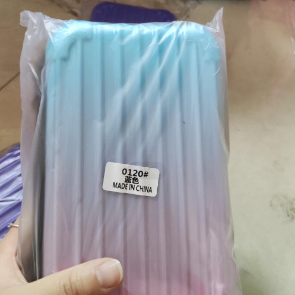 Light blue cosmetic bag with white label tag reading "Made in China"