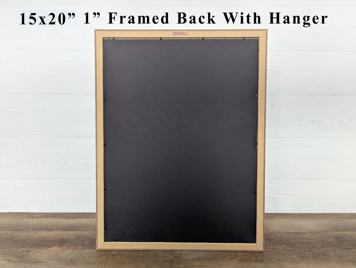 Back of framed wall art with hanging hardware, 15x20 in, 1 in frame