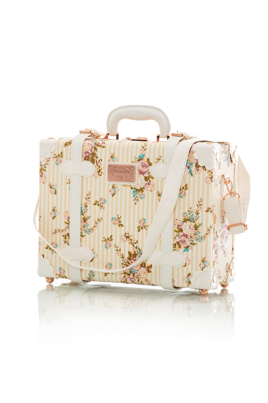 Beige floral patterned briefcase with top handle and front lock detail