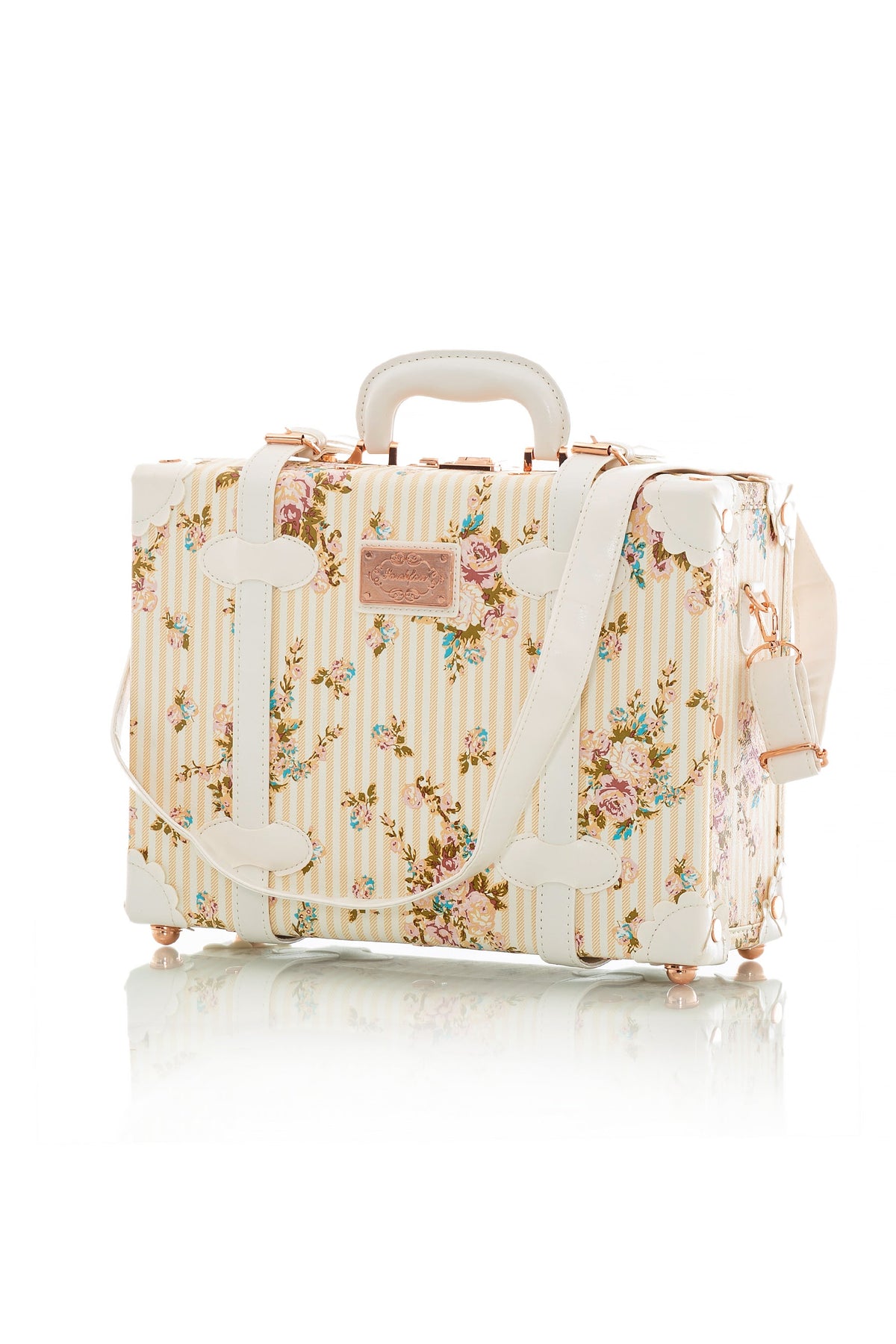 Beige floral patterned briefcase with top handle and front lock detail