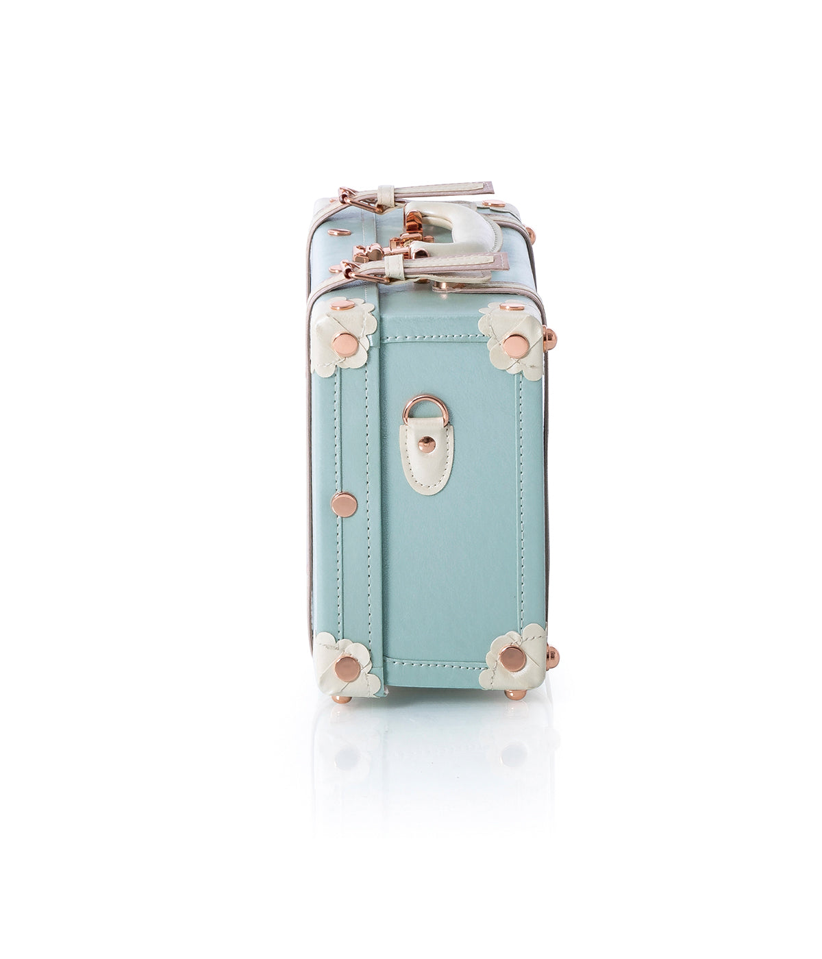 Upright sky-blue briefcase with floral corner accents, lock plate, and top handle.