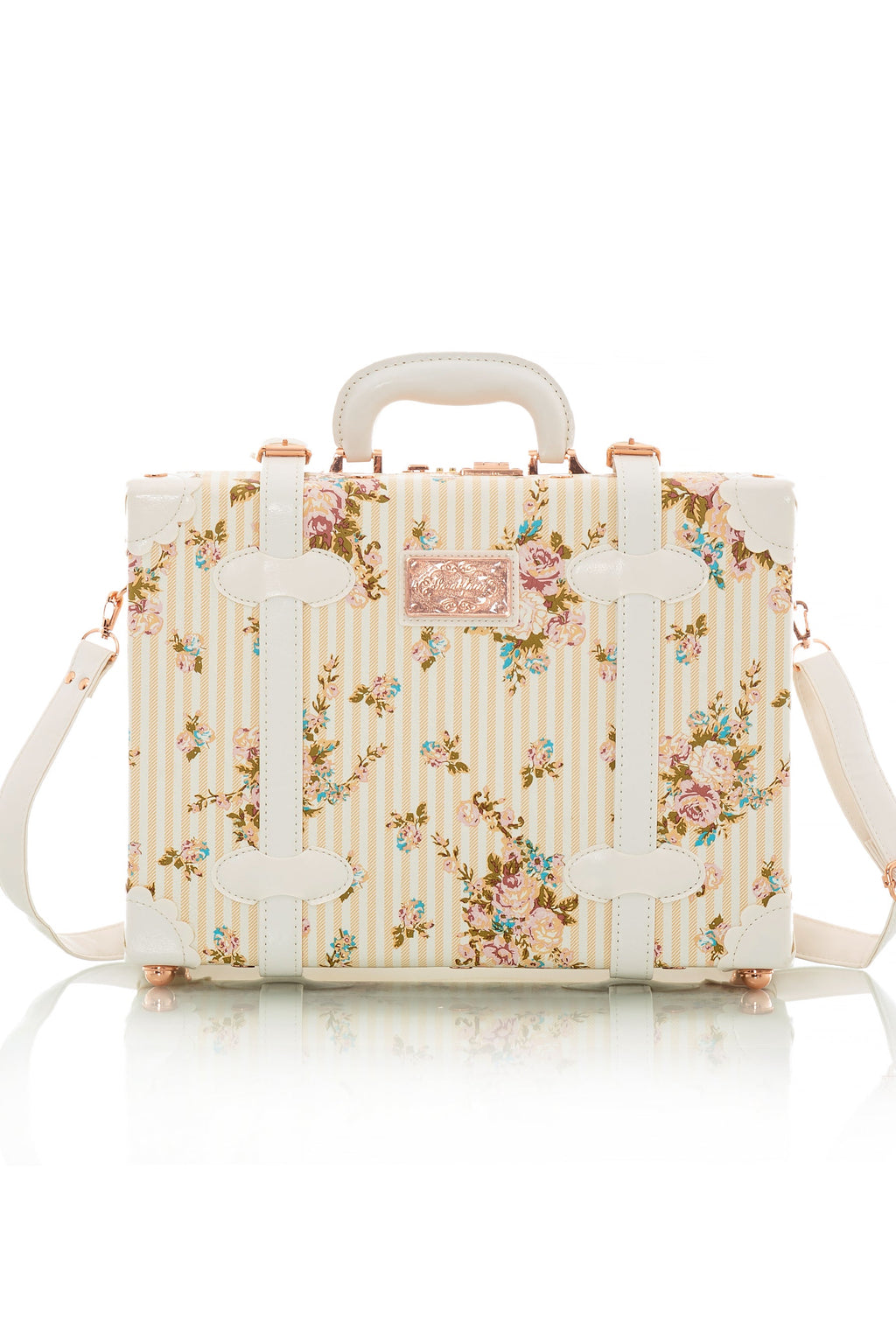 Beige floral briefcase with shoulder strap and gold-tone hardware, front view