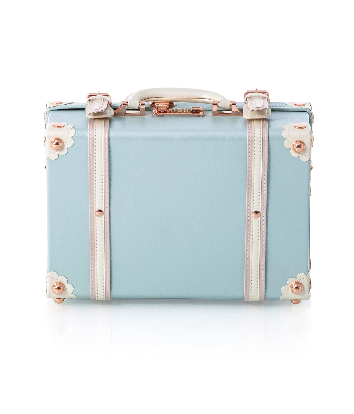 Sky-blue briefcase front with floral side panels, rose-gold buckles, and handle.