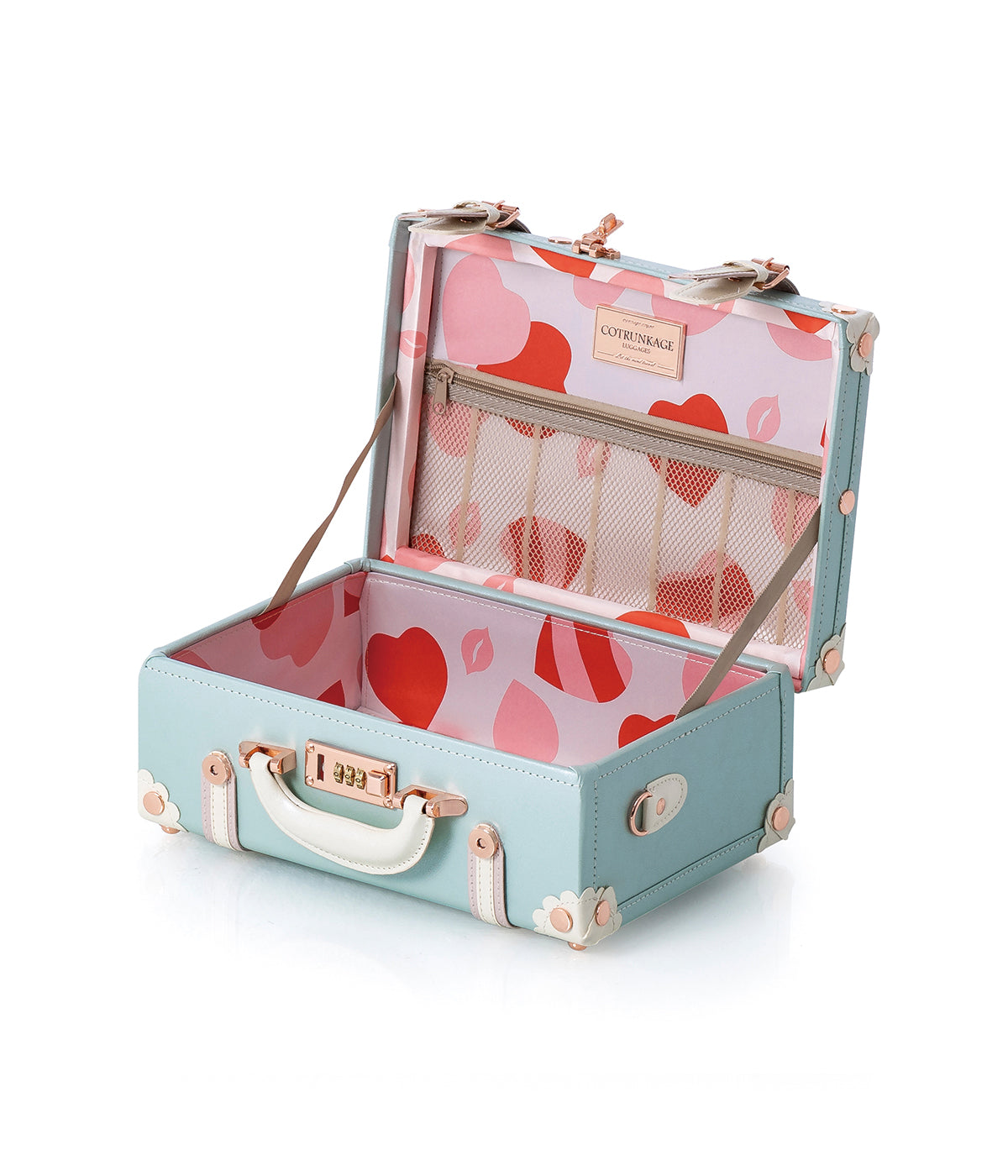 Opened sky-blue briefcase with floral lining, interior pocket, and clasp.