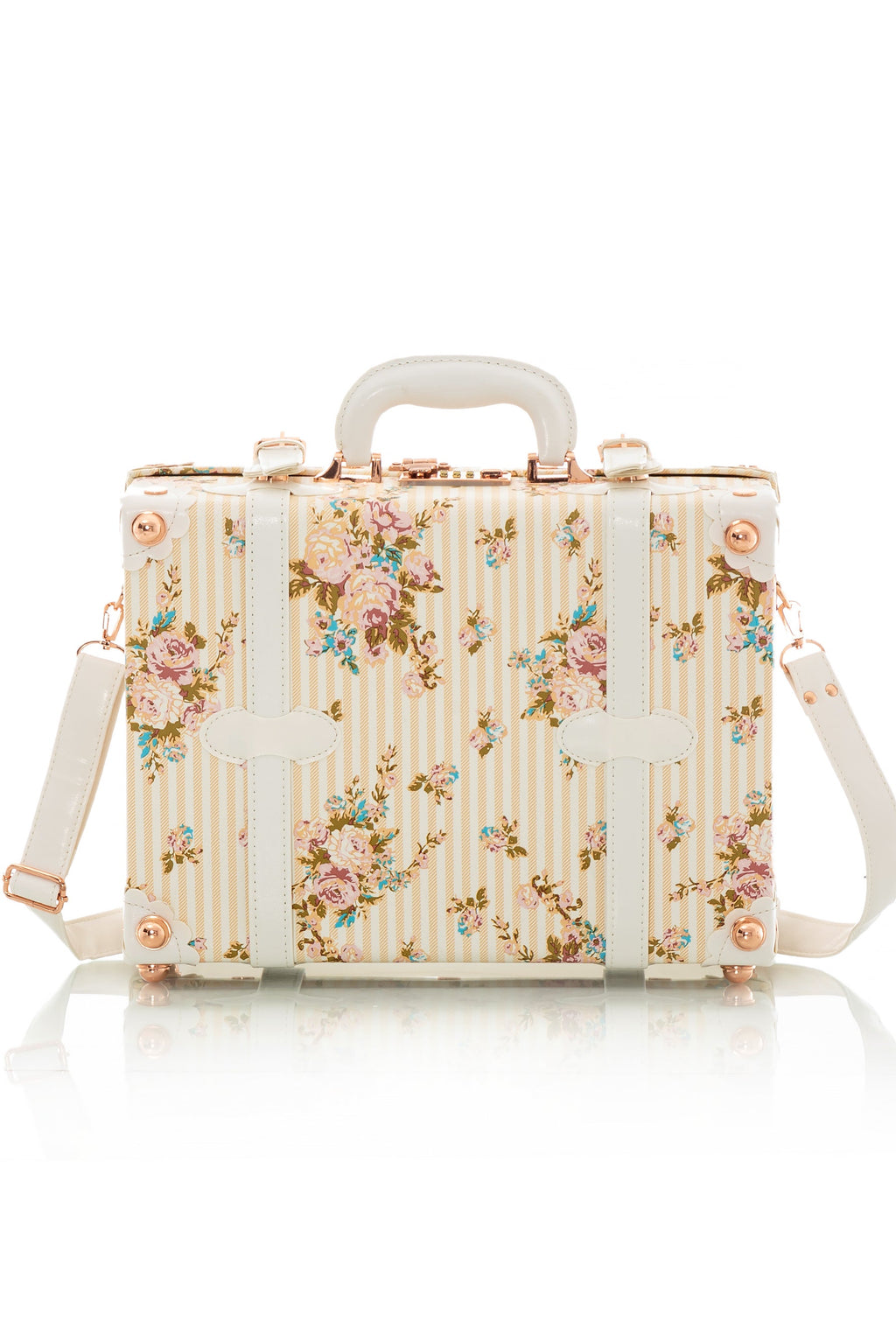 Beige floral briefcase with side flap pocket and detachable shoulder strap