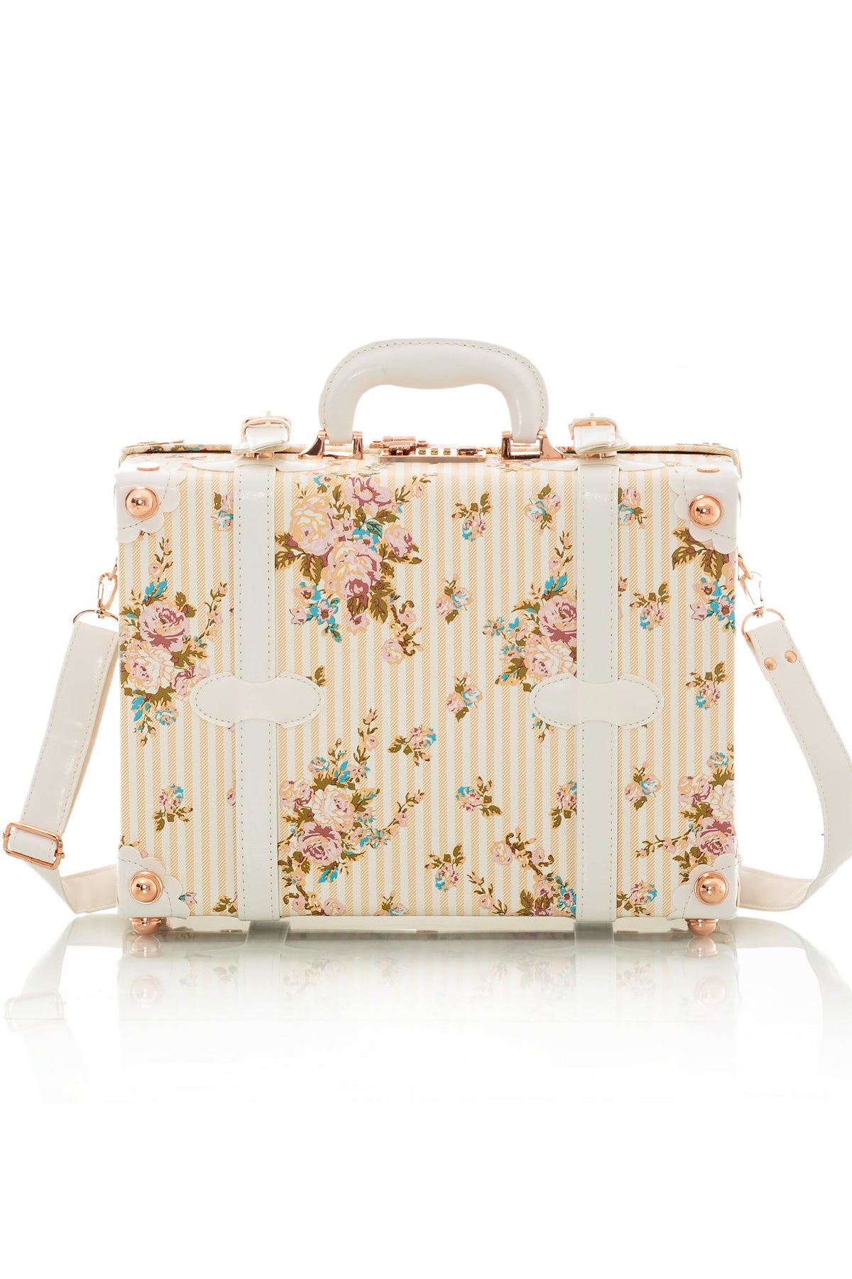 Beige floral briefcase with side flap pocket and detachable shoulder strap