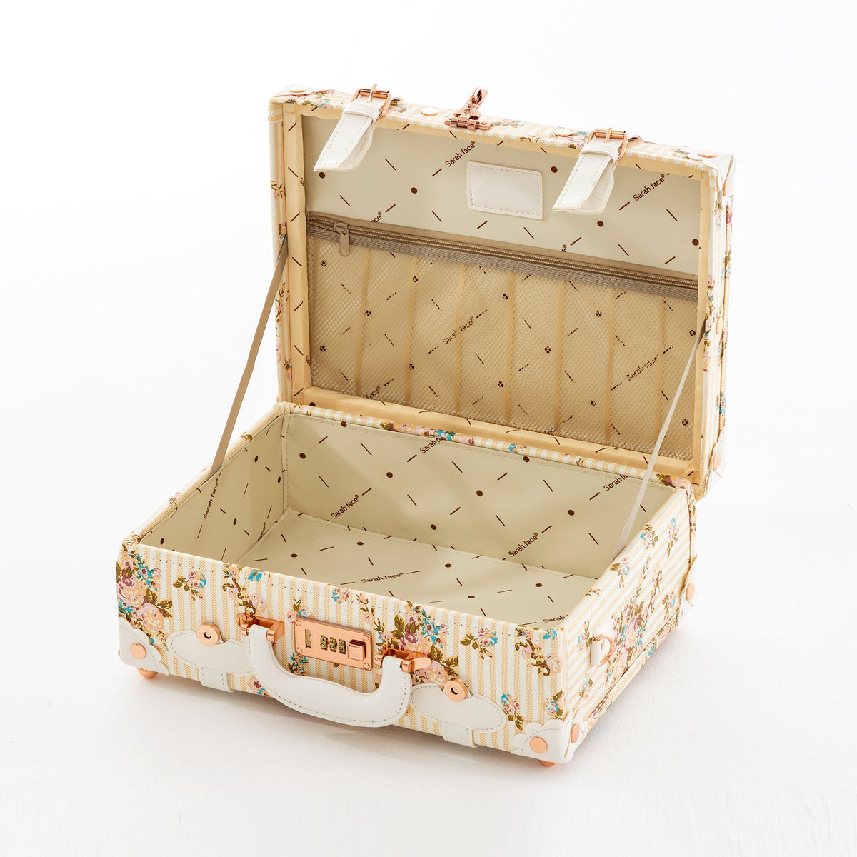 Beige floral briefcase opened to show lined interior and front clasp