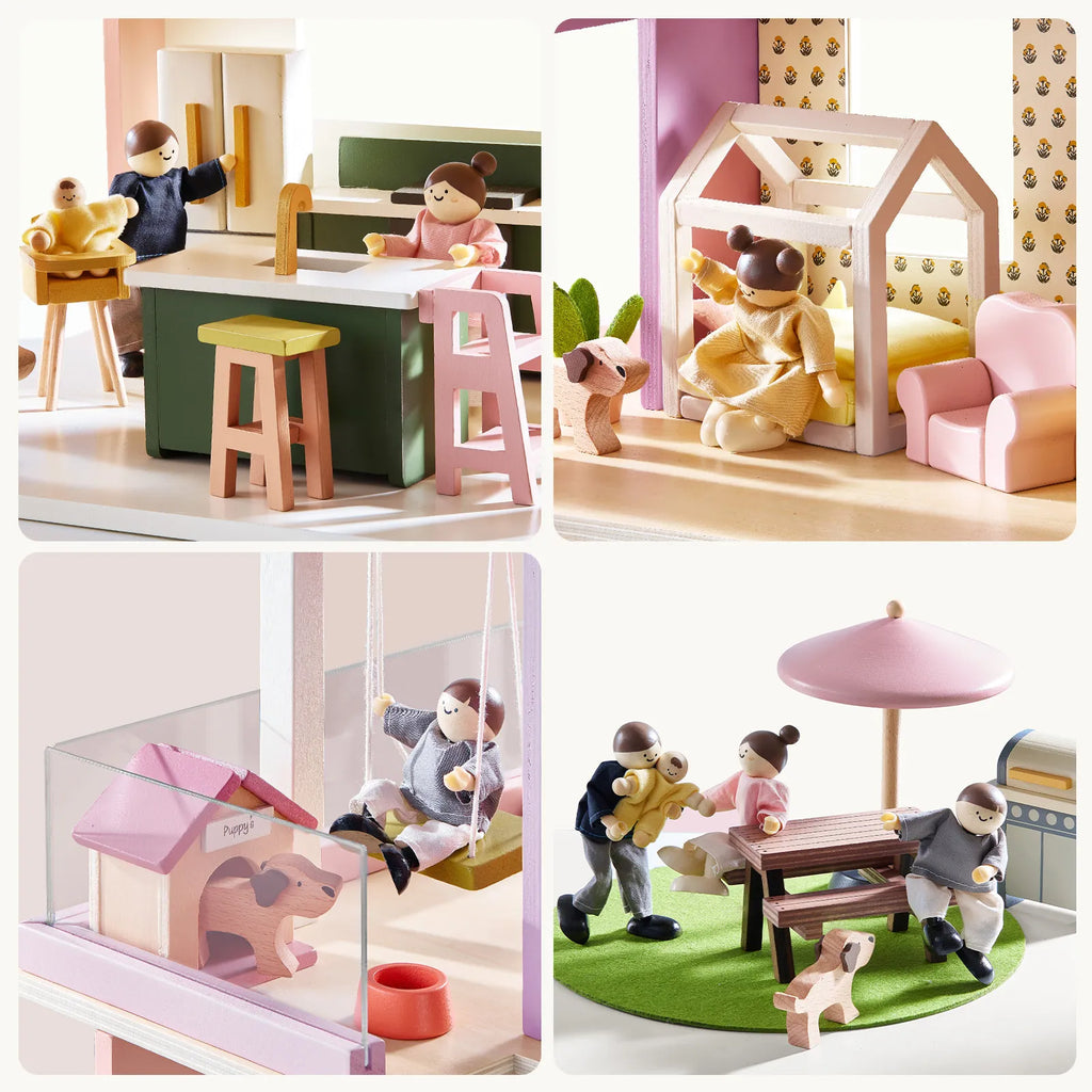 Pink dollhouse with furnished interior scenes and small rooms