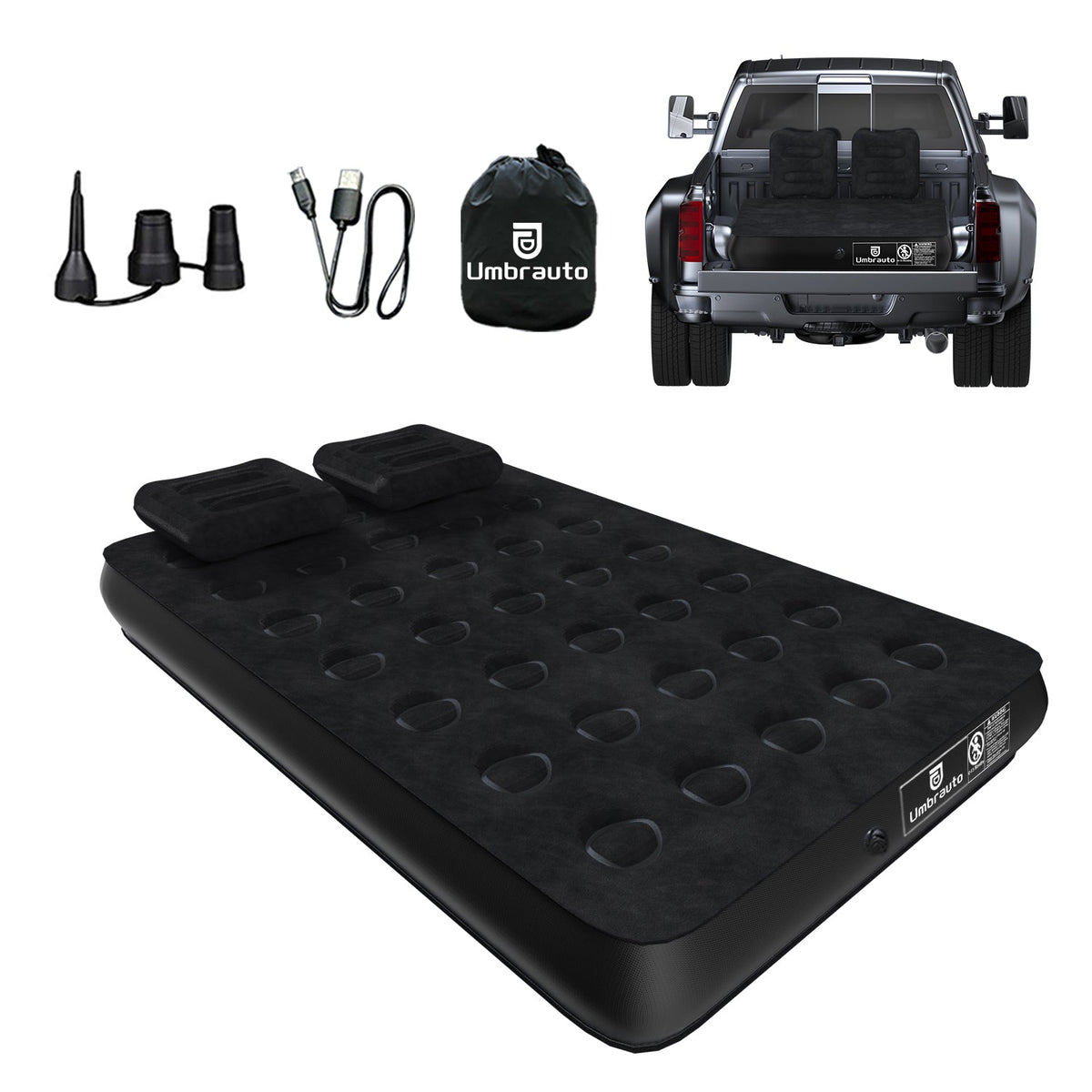 Black pickup truck air mattress with included pump accessories and carrying bag