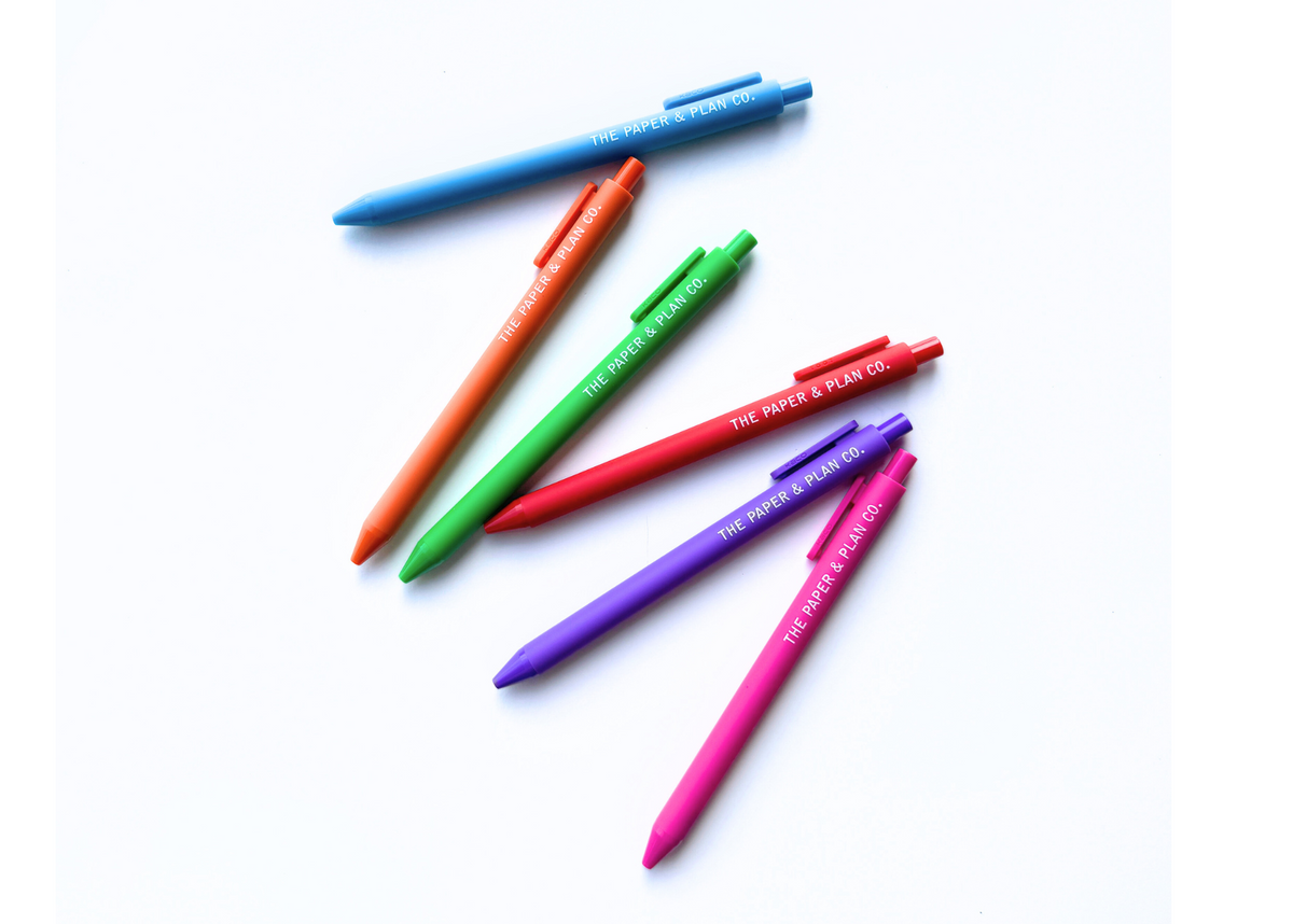 Color wheel pen set with blue, orange, green, red, purple, and pink pens