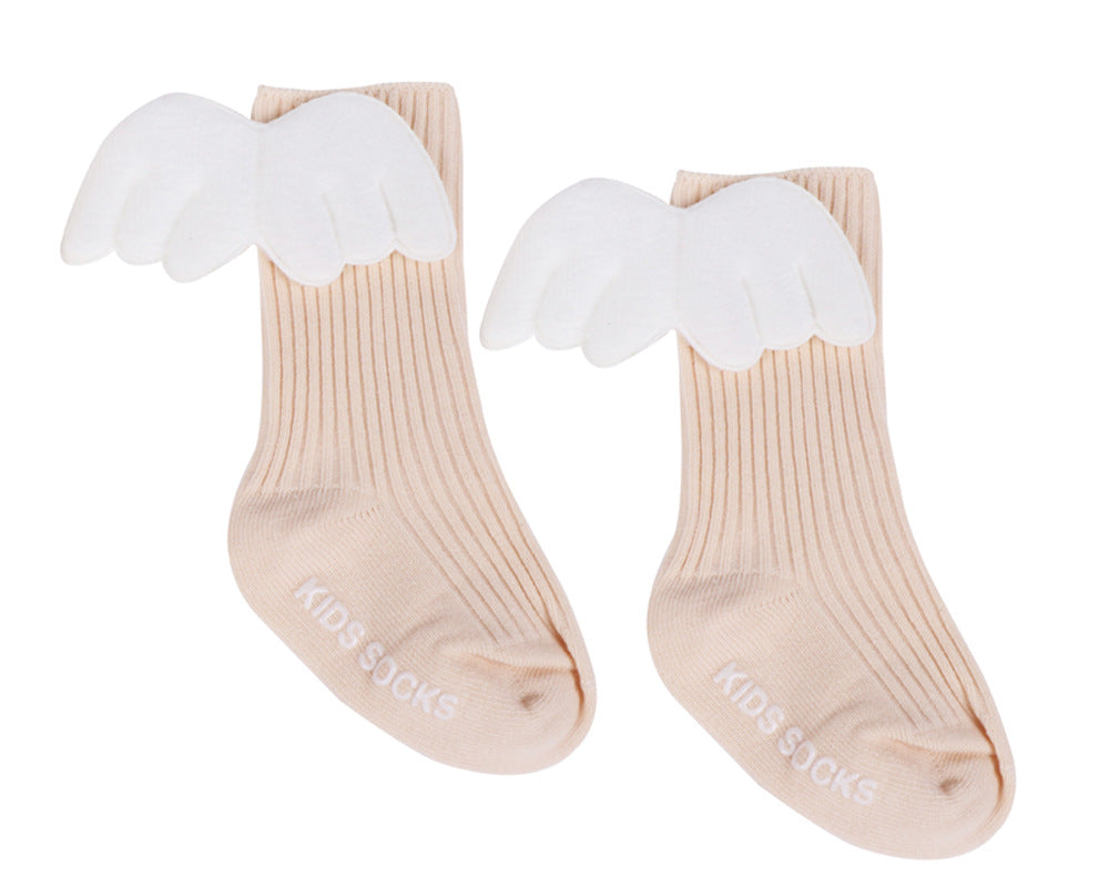Khaki baby socks with white angel wing cuffs and ribbed knit, ankle length