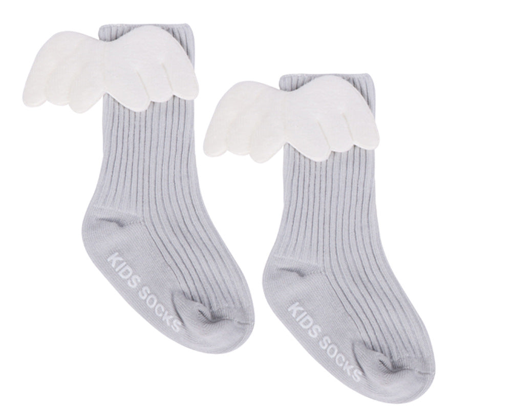 Grey baby socks with white angel wing cuffs and ribbed knit, ankle length