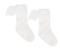 White baby socks with white angel wing cuffs and ribbed knit, ankle length