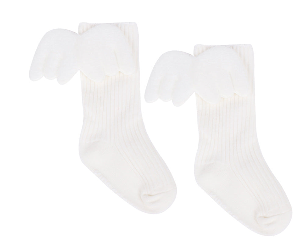 White baby socks with white angel wing cuffs and ribbed knit, ankle length