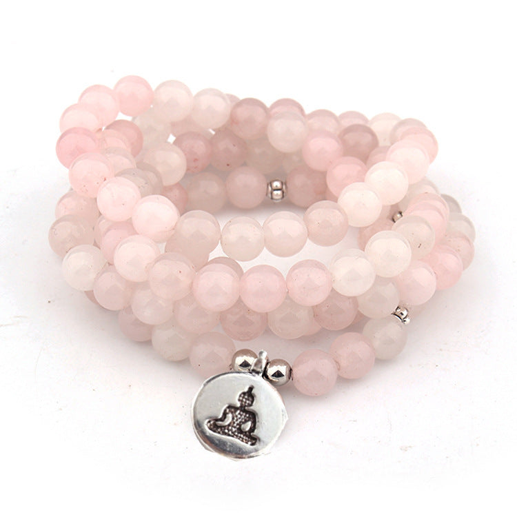 Pink rose quartz bead yoga bracelet with OM silver-tone charm and bead strand