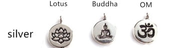 Set of three silver-tone yoga bracelet charms: lotus, Buddha, and OM