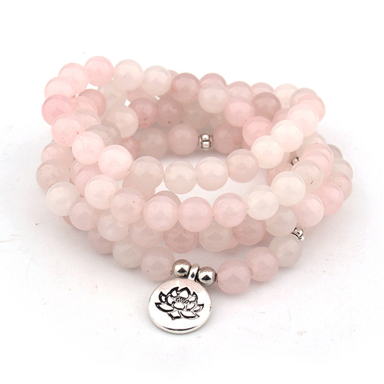 Pink rose quartz bead yoga bracelet with lotus silver-tone charm and spacer beads