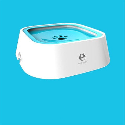 Pet water bowl with floating slow-feed tray, anti-overflow design, white with blue insert