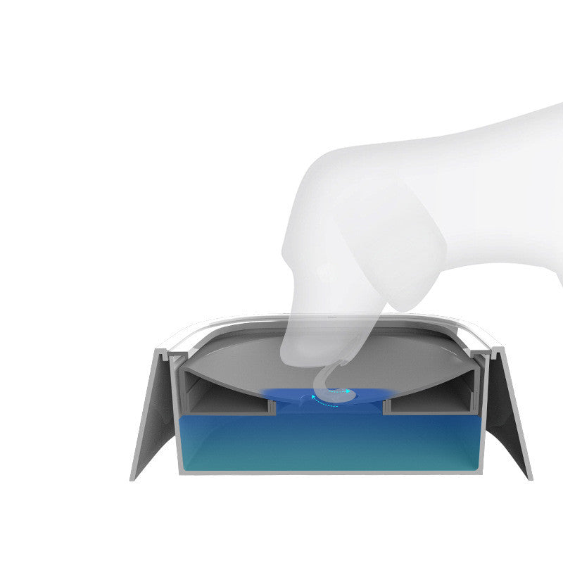 White anti-overflow pet water dispenser with open base showing internal reservoir and blue flow
