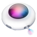 White UFO-style cat toy with iridescent dome and feather tail
