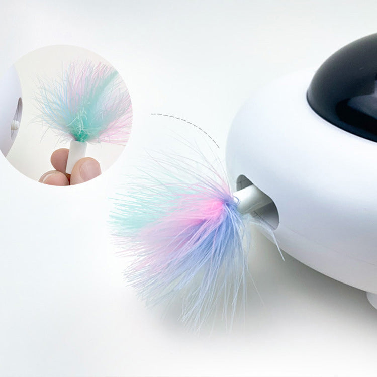 White UFO cat teaser with multicolor feather plume attached to side port