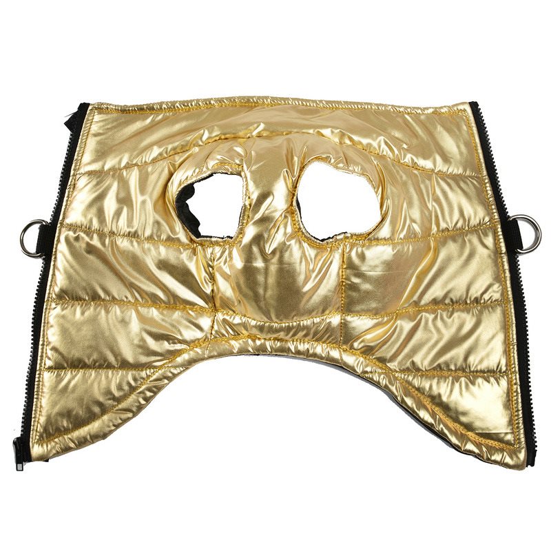 Golden dog vest jacket with two paw eye openings and side strap handles
