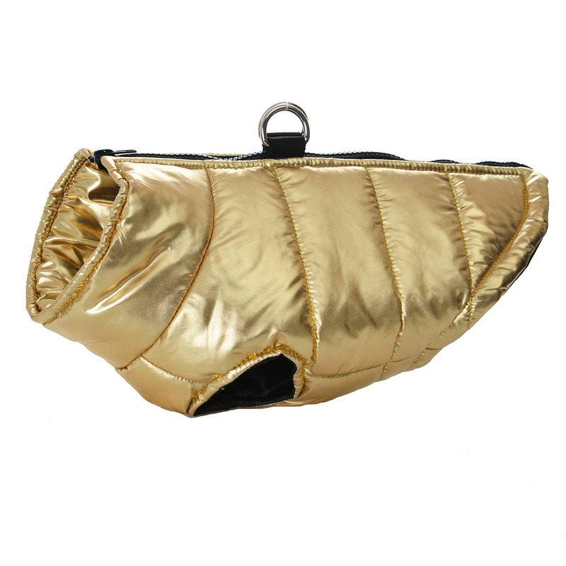 Golden padded dog vest jacket with metal hanger ring and black paw cutout