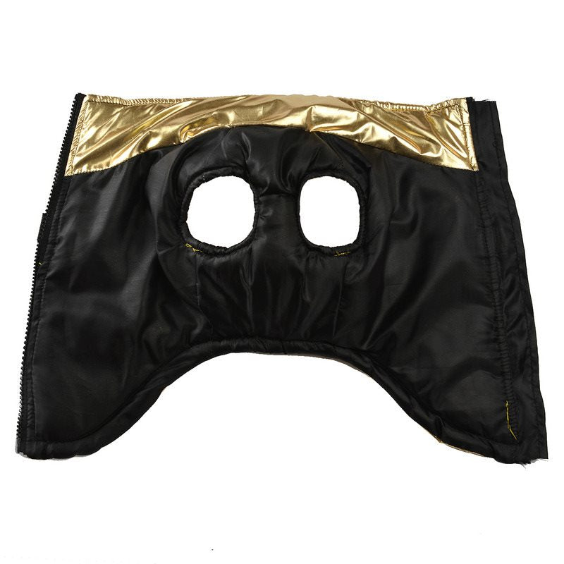 Black dog vest jacket with gold trim and two eye openings