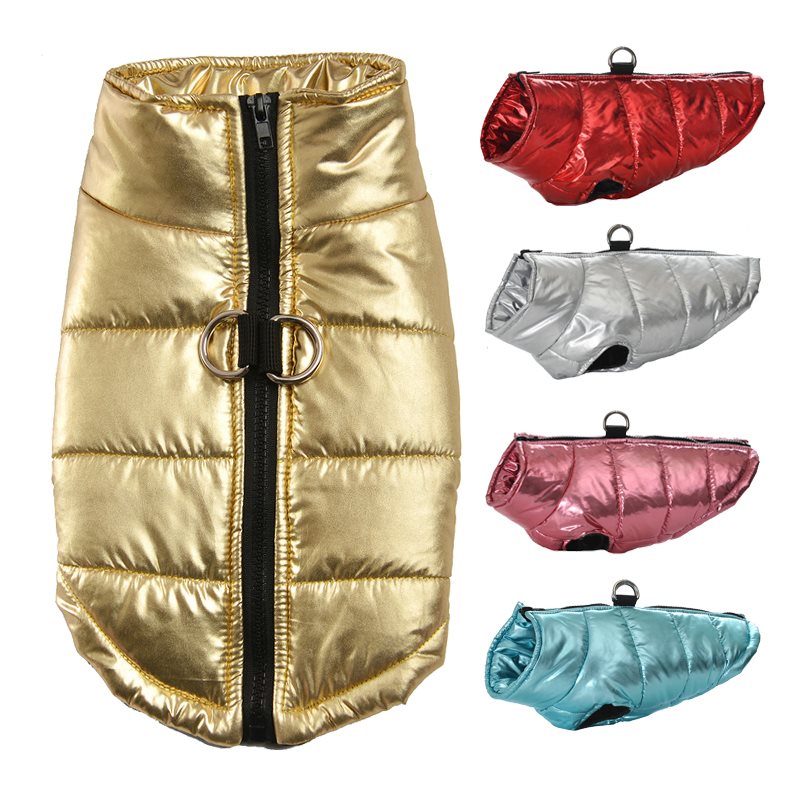 Dog warm vest jackets in gold, red, silver, pink, and teal with zipper fronts
