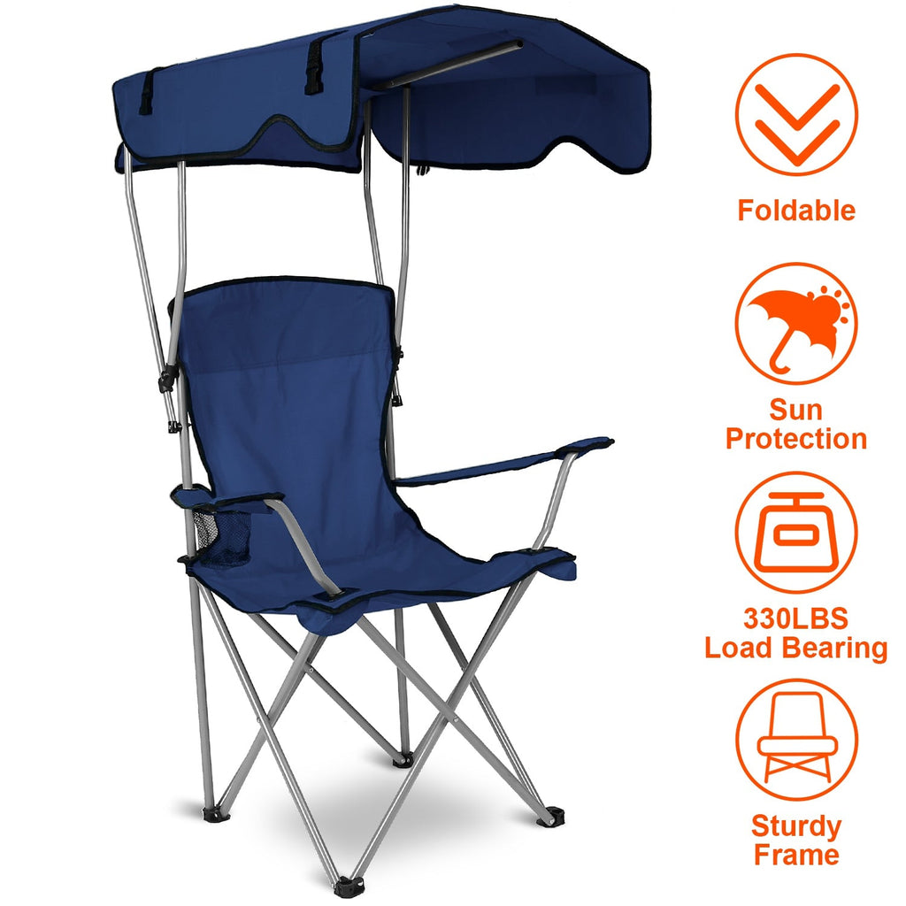 Foldable beach canopy chair in navy blue with reclining padded seat and steel frame