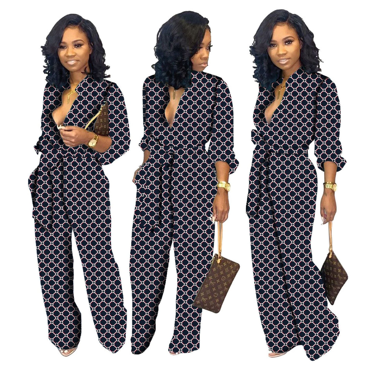 Women’s long-sleeve V-neck jumpsuit in dark blue with linked geometric pattern, wide legs