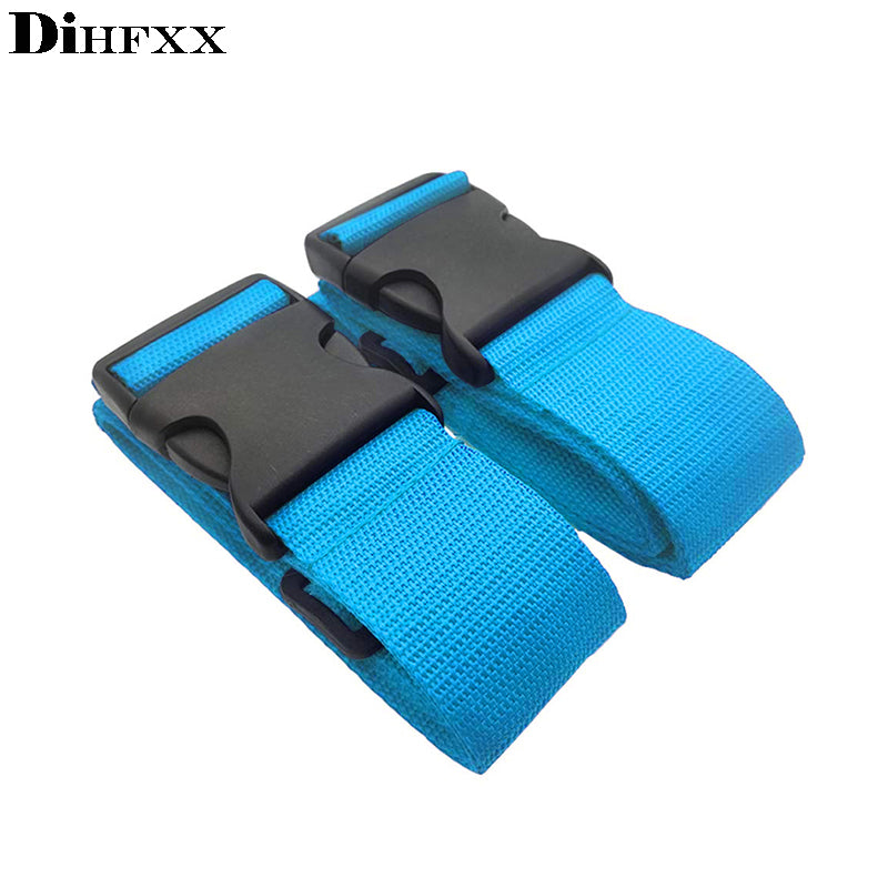 Adjustable nylon luggage strap with locking buckle, blue webbing and black buckles