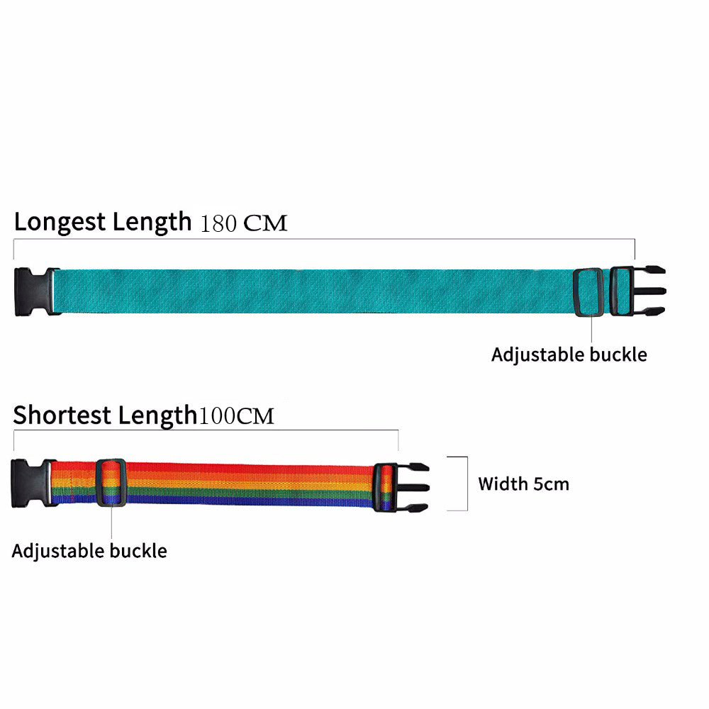 Adjustable luggage strap with locking buckle; lengths 180cm to 100cm, width 5cm