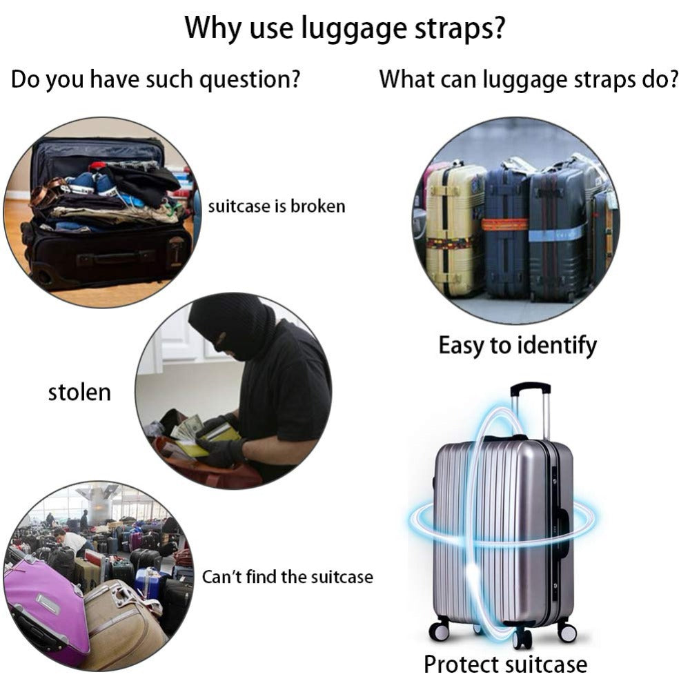 Luggage strap accessory with protective locking buckle shown on a suitcase