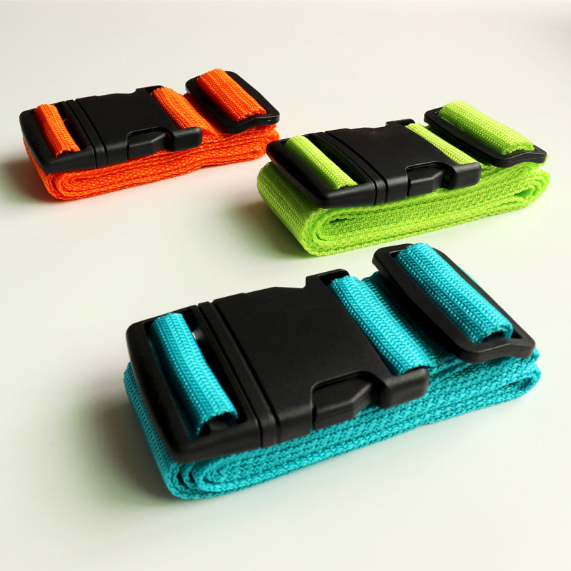 Adjustable nylon luggage straps with locking buckles in orange, green, and blue