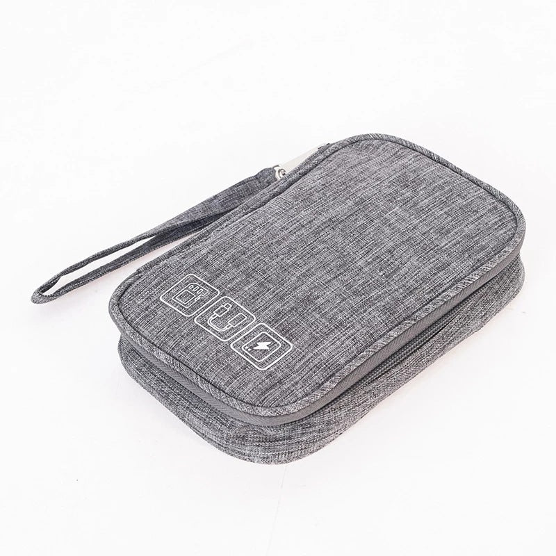 Gray cable organizer bag with wrist strap and front storage icons, compact zip pouch.