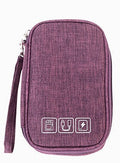 Wine red cable organizer bag with wrist strap and front icon label, zippered pouch.