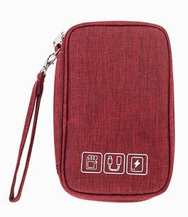 Red cable organizer bag with wrist strap and front icon label, zippered pouch for cables.