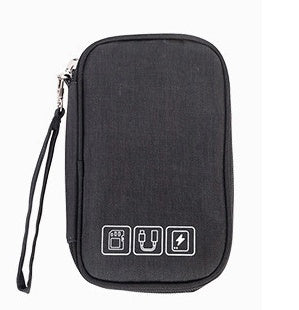 Black cable organizer bag with wrist strap and front icon label, zippered travel pouch.