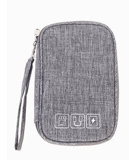 Gray cable organizer pouch with wrist strap and front icon label, compact zip case.