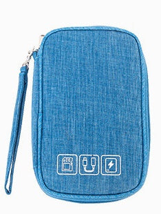 Blue cable organizer bag with wrist strap and front icon label, compact zip travel case.