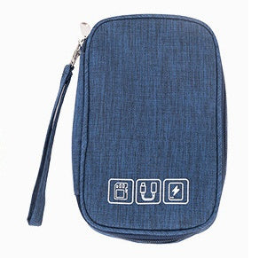 Blue cable organizer bag with wrist strap, zippered case and device icon patch