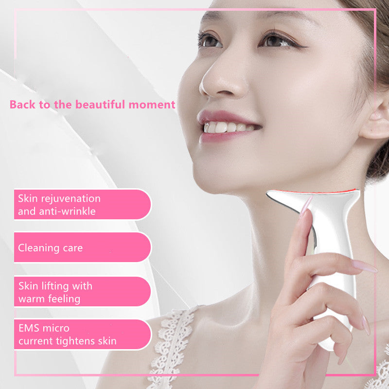 White neck massager device held against the side of the neck for skin treatment