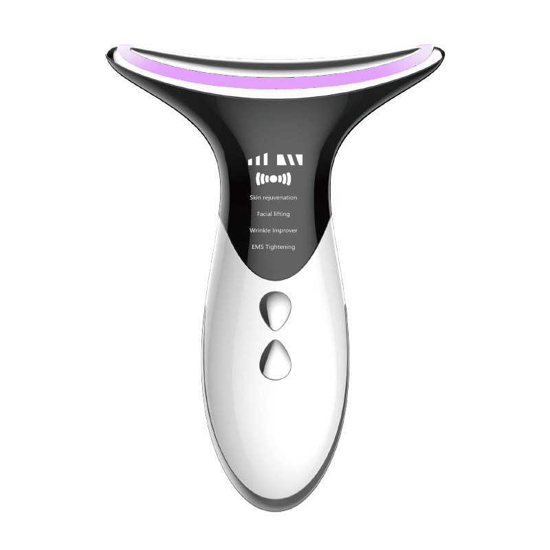 White handheld neck massager with purple LED ring and dual lower electrode pads