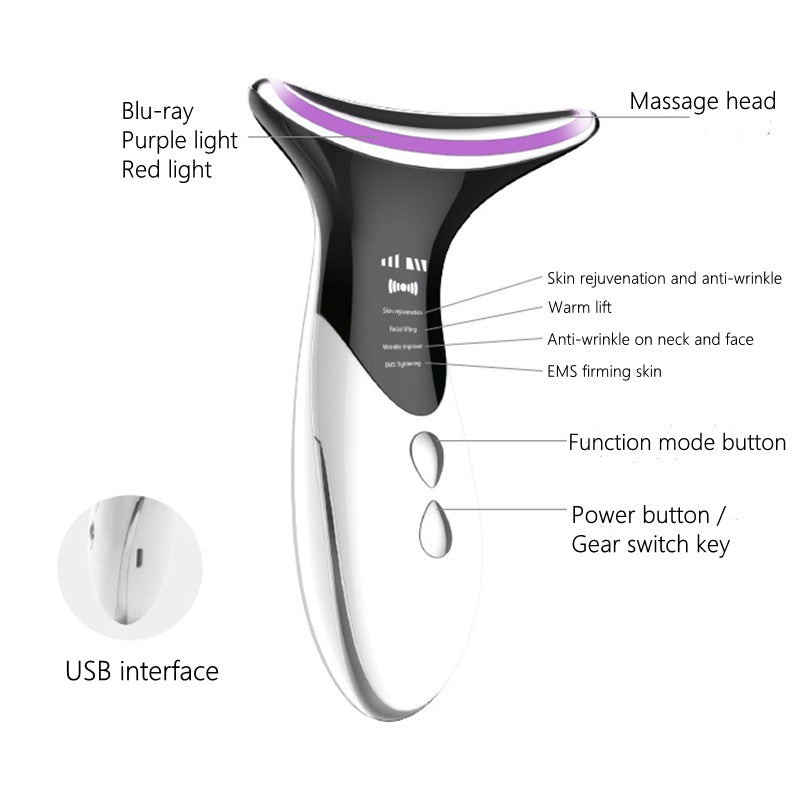 White and black handheld neck massager with purple light ring and massage head