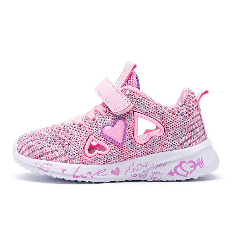 Kids pink mesh sneaker with heart patch details and hook-and-loop strap